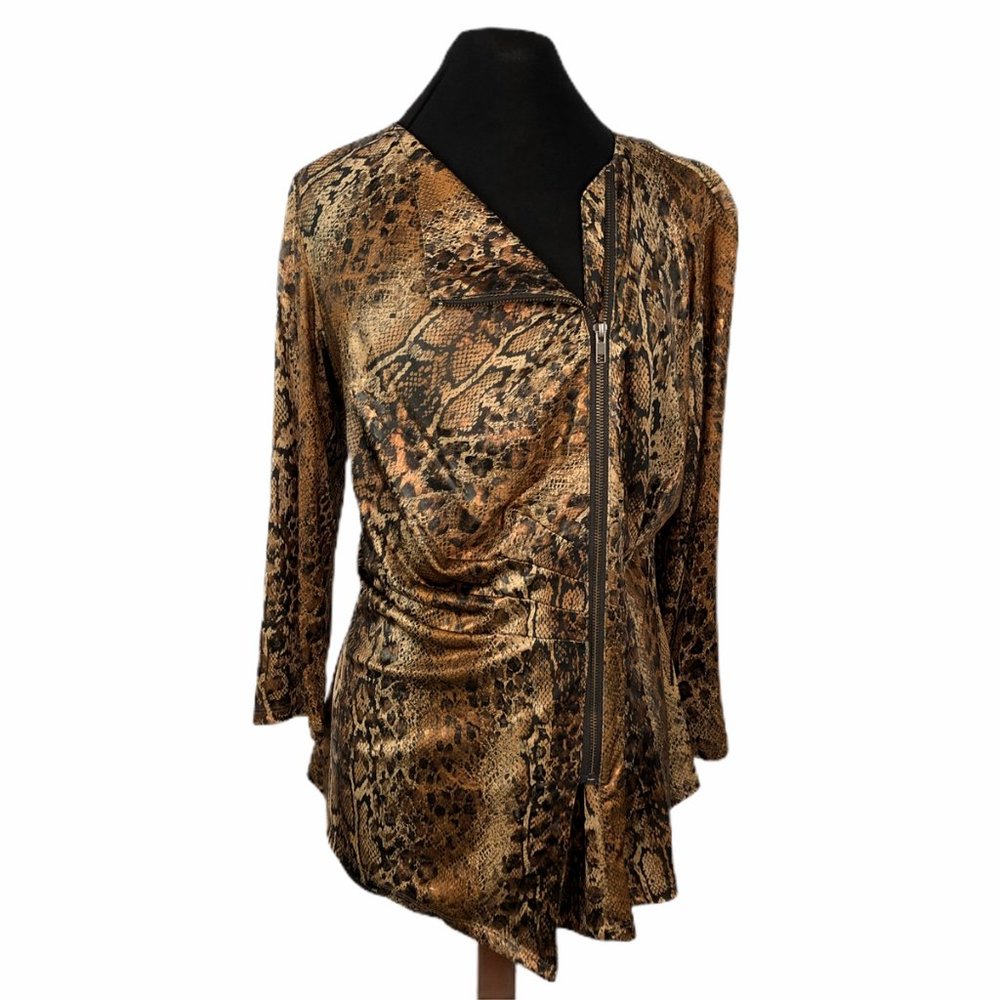 Vintage Boho Chic Snake Print Faux Wrap Zip up Top - Picture 2 of 6
